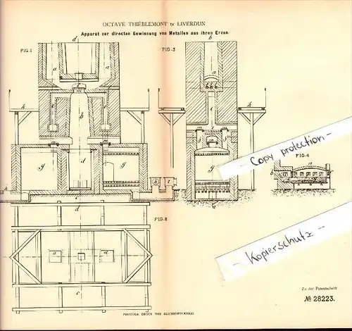 Original Patent - Octave Thiéblemont à Liverdun , 1883 , Appareil pour récupérer du métal à partir de minerais !!!