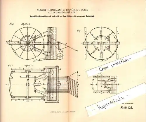 Original Patent - A. Timmermann in Brevörde b. Polle , 1895 , Kartoffel-Erntemaschine , Sassendorf i.W. !!!