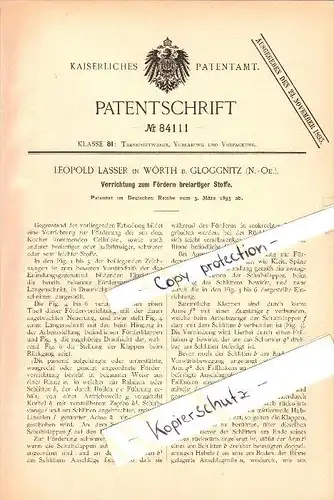 Original Patent - Leopold Lasser in Wörth b. Enzenreith , 1895 , Apparat zum Fördern breiartiger Stoffe , Gloggnitz  !!!