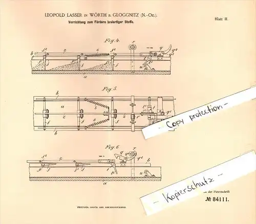 Original Patent - Leopold Lasser in Wörth b. Enzenreith , 1895 , Apparat zum Fördern breiartiger Stoffe , Gloggnitz  !!!