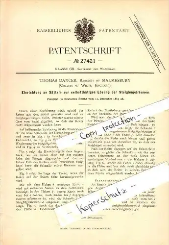 Original Patent - Thomas Dancer , Baronet of Malmesbury , 1883 , Apparatus for saddles with stirrups !!!