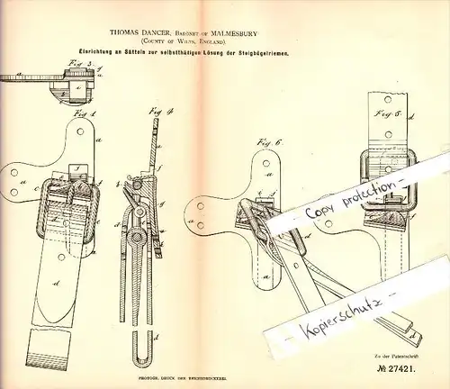 Original Patent - Thomas Dancer , Baronet of Malmesbury , 1883 , Apparatus for saddles with stirrups !!!