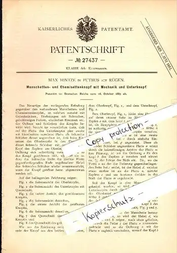 Original Patent - Max Hintze in Putbus auf Rügen i. Mecklenburg , 1883 , Manschettenknopf , Knöpfe !!!