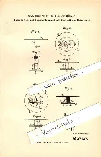 Original Patent - Max Hintze in Putbus auf Rügen i. Mecklenburg , 1883 , Manschettenknopf , Knöpfe !!!