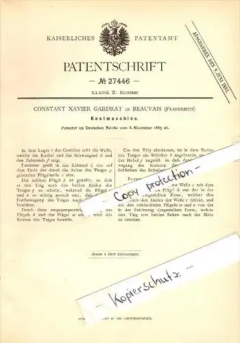 Original Patent - Constant Xavier Gardrat à Beauvais , 1883 , Pétrin pour la boulangerie , boulanger !!!