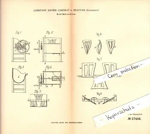Original Patent - Constant Xavier Gardrat à Beauvais , 1883 , Pétrin pour la boulangerie , boulanger !!!
