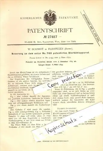 Original Patent - W. Schmidt in Flehingen b. Derdingen , 1883 , Bier -Kühlapparat , Alkohol , Kneipe , Oberderdingen !!!