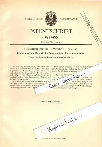 Original Patent - Heinrich Pippig in Mosbach , 1883 , Knopf-Aufzug für Taschenuhren , Uhrmacher , Uhr !!!
