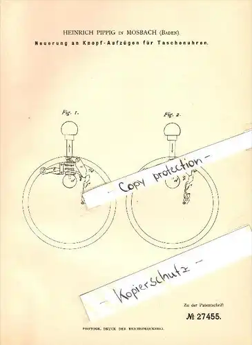 Original Patent - Heinrich Pippig in Mosbach , 1883 , Knopf-Aufzug für Taschenuhren , Uhrmacher , Uhr !!!