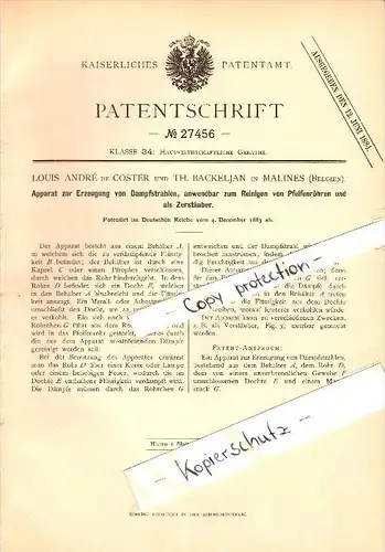 Original Patent - Louis de Coster und Th. Backeljan in Malines , 1883 , Dampfstrahl-Apparat , Mechelen , Mecheln !!!