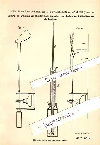 Original Patent - Louis de Coster und Th. Backeljan in Malines , 1883 , Dampfstrahl-Apparat , Mechelen , Mecheln !!!