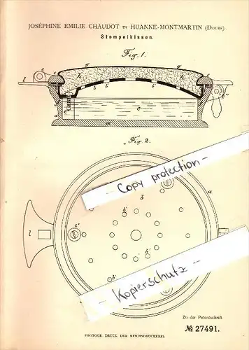 Original Patent - Joséphine Chaudot à Huanne-Montmartin , 1883 , Inkpad , timbre !!!