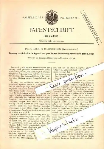 Original Patent - Dr. R. Baur in Blaubeuren , 1883 , Scheibler's Apparat zur Untersuchung von Salz !!!