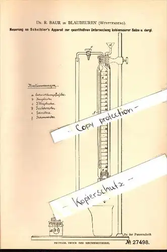 Original Patent - Dr. R. Baur in Blaubeuren , 1883 , Scheibler's Apparat zur Untersuchung von Salz !!!