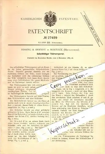 Original Patent - Hissing & Berndt in Rostock i. Mecklenburg , 1883 , ürsperrer , Einbruchschutz !!!