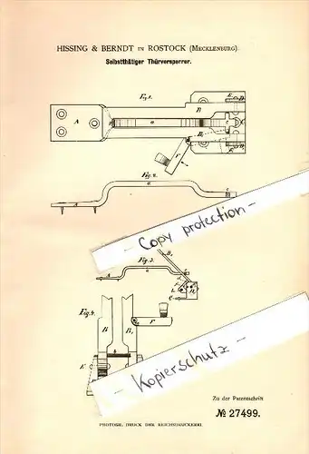 Original Patent - Hissing & Berndt in Rostock i. Mecklenburg , 1883 , ürsperrer , Einbruchschutz !!!