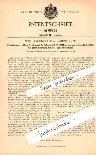 Original Patent - Wilhelm Ungerer in Fahrnau im Wiesental , 1895 , Vorrichtung für Jacquard-Weberei , Schopfheim !!!