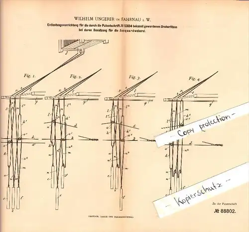 Original Patent - Wilhelm Ungerer in Fahrnau im Wiesental , 1895 , Vorrichtung für Jacquard-Weberei , Schopfheim !!!