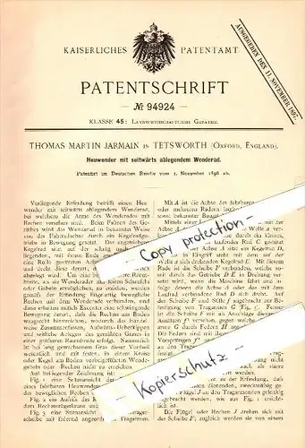 Original Patent - T.M. Jarmain in Tetsworth , Thame , 1896 , tedder , agriculture ,  Oxfordshire !!!