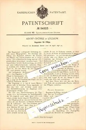 Original Patent - Adolf Grönke in Lüchow , 1896 , Regulator für Pflüge , Landwirtschaft !!!