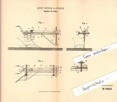 Original Patent - Adolf Grönke in Lüchow , 1896 , Regulator für Pflüge , Landwirtschaft !!!