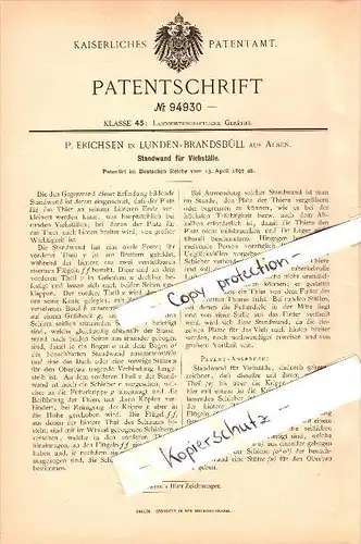 Original Patent - P. Erichsen in Lunden - Brandsbüll , 1897 , Standwand für Viehställe , Viehzucht , Landwirtschaft !!!