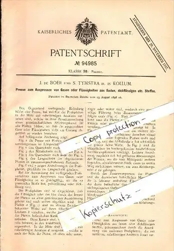 Original Patent - J. de Boer und S. Tymstra in Kollum , 1896 , Presse für Gase , Kollumerland en Nieuwkruisland !!!