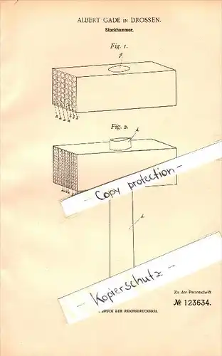 Original Patent - Albert Gade in Drossen / Osno Lubuskie , 1900 , Hammer für Granit , Marmor und Sandstein !!!