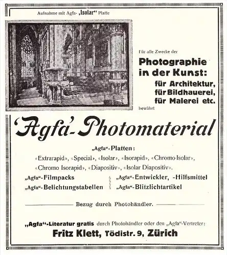 original Werbung - 1914 - AGFA Photomaterial , Fritz Klett in Zürich , Tödistrasse , Photographie !!!