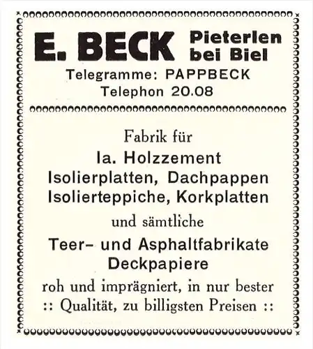 original Werbung - 1914 - E. Beck in Pieterlen b. Biel / Bienne , Isolation , Asphaltfabrikate !!!