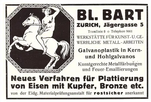 original Werbung - 1914 - Bl. Bart in Zürich , Werkstatt für Kunst , Bronze , Jägergasse !!!