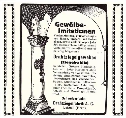 original Werbung - 1914 - Drahtziegelfabrik in Lotzwil , Ziegel , Gewölbe , Architektur , Bern !!!