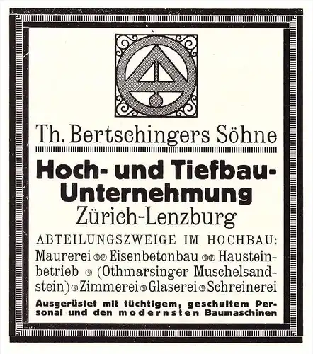 original Werbung - 1914 - Th. Bertschinger in Zürich-Lenzburg , Hoch- und Tiefbau , Glaserei , Malerei !!!