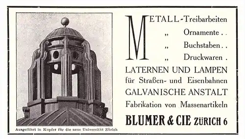 original Werbung - 1914 - Blumer & Cie in Zürich , Laternen und Lampen , Universität Zürich Kupferdach !!!