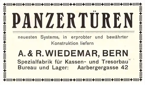 original Werbung - 1914 -  R. Wiedemar in Bern , Spezialfabrik für Kassen und Tresorbau , Tresor , Safe , Panzerschrank