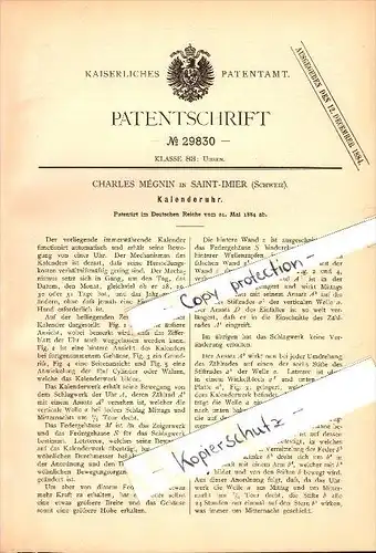 Original Patentschrift - Charles Méngin in Saint Imier , 1898 , Kalenderuhr , Uhr , Kalender , Jura !!!