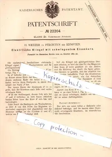 Original Patent   - H. Wetzer in Pfronten bei Kempten , 1882 , Elektrische Klingel mit Eisenkern !!!