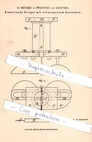 Original Patent   - H. Wetzer in Pfronten bei Kempten , 1882 , Elektrische Klingel mit Eisenkern !!!