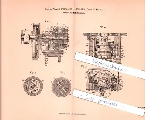 Original Patent   - J. Ward Packard in Warren , Ohio , V. St. A. , 1901 , Getriebe für Motorfahrzeuge !!!