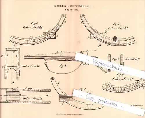 Original Patent   - E. Herzog in Reudnitz - Leipzig , 1882 , Bogenvisir für Militärgewehr , Gewehr !!!