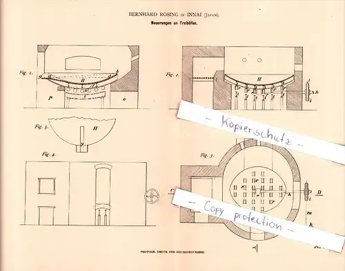 Original Patent   - Bernhard Rösing in Innai , Japan , 1882 ,Neuerungen an Treiböfen !!!
