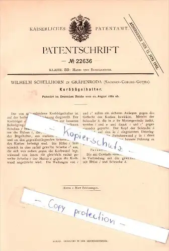 Original Patent   - W. Schellhorn in Gräfenroda , Sachsen -Coburg-Gotha , 1882 , Korbbügelhalter !!!
