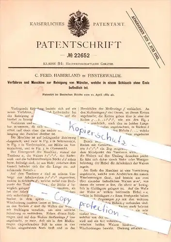 Original Patent   - C. Ferd. Haberland in Finsterwalde , 1882 , Maschine zur Reinigung von Wäsche , Wäscherei !!!