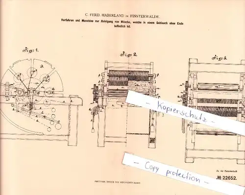Original Patent   - C. Ferd. Haberland in Finsterwalde , 1882 , Maschine zur Reinigung von Wäsche , Wäscherei !!!