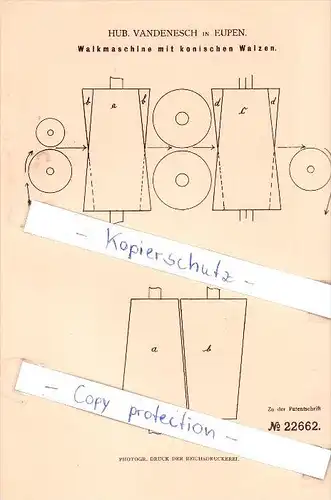Original Patent   - Hub. Vandenesch in Eupen , 1882 , Walkmaschine mit konischen Walzen !!!