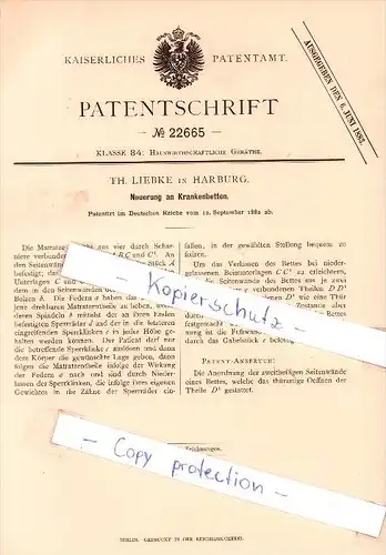 Original Patent   - Th. Liebke in Harburg , 1882 , Neuerung an Krankenbetten , Krankenhaus , Arzt !!!