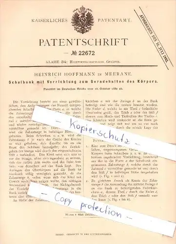 Original Patent   - H. Hoffmann in Meerane , 1882 , Schulbank  zum Geradehalten des Körpers , Schule !!!