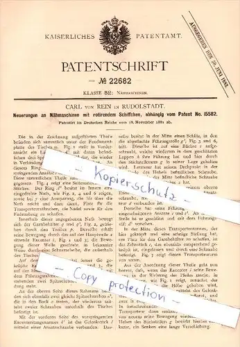 Original Patent   - Carl von Rein in Rudolstadt , 1881 , Nähmaschinen mit rotirendem Schiffchen !!!