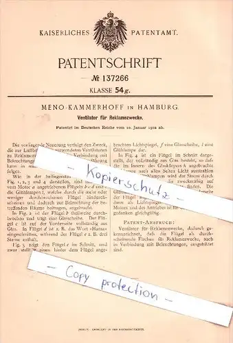 Original Patent   - Meno Kammerhoff in Hamburg , 1902 , Ventilator für Reklamezwecke , Reklame , Hansa , Werbung !!!