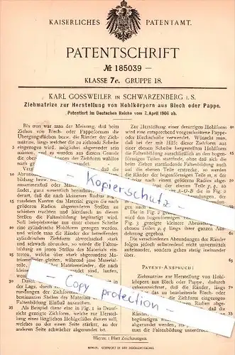 Original Patent   - K. Gossweiler in Schwarzenberg i. S. , 1906 , Herstellung von Hohlkörpern  !!!